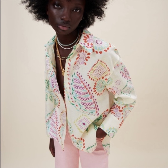 Zara Button Down Shirt L NWT Summer Print Linen Blend Bohemian - Picture 2 of 14